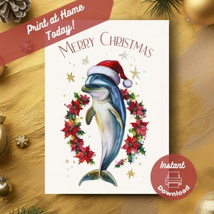 Druckbare Delphin Weihnachtskarte, sofortiger digitaler Download Druck zu Hause, Ozean Tier Sealife Urlaub Geschenk, Aquarell Kunst Illustration