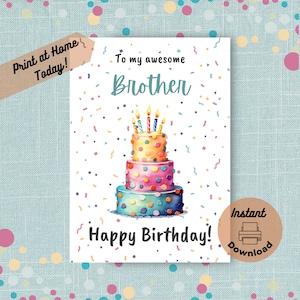 Druckbare Geburtstagskarte für Bruder, sofortiger digitaler Download Druck zu Hause Karte, an meinen fantastischen Bruder von Schwester Aquarell Konfetti-Kuchen