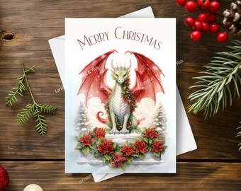 Dragon Christmas Card, Red Poinsettia Wreath, Snowy Winter Scene, Mythical Fantasy Creature Christmas Card, Watercolor Art Illustration
