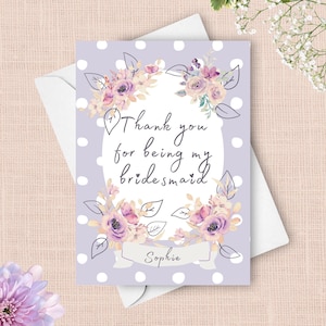 Tarjeta de agradecimiento personalizada para dama de honor, regalo de boda con lunares lavanda, flores y rosas moradas, personalizada con nombre.