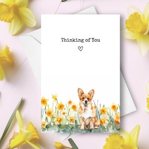 Corgis, die an Sie Karte denken, Hund, der Beifall, Liebesgruß, walisische Corgis Narzissen Beileidsgeschenk, Frühlingsblumen Aquarellgeschenk sendet