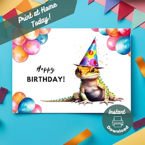 Druckbare Geburtstagskarte Gecko, sofortiger Download, Print at Home Karte, Leopardgecko Geburtstagskarte, Aquarell Illustration, Eidechse Geschenk
