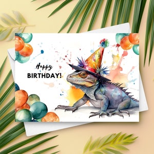 Carte d'anniversaire iguane avec chapeau de fête, joyeux anniversaire, illustration de carte d'anniversaire lézard coloré, anniversaire d'animal de zoo, carte de voeux de zoo