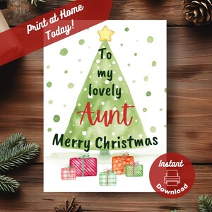 Druckbare Weihnachtskarte für Tante, sofortiger digitaler Download Print at Home Karte, Weihnachtsbaum, bunte Geschenke und ein goldener Stern an der Spitze