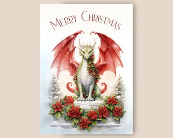 Dragon Christmas Card, Red Poinsettia Wreath, Snowy Winter Scene, Mythical Fantasy Creature Christmas Card, Watercolor Art Illustration