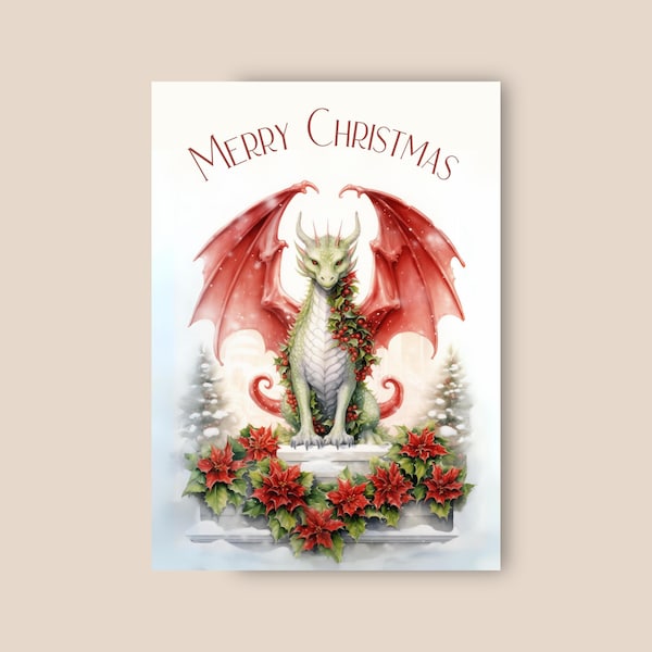 Dragon Christmas Card, Red Poinsettia Wreath, Snowy Winter Scene, Mythical Fantasy Creature Christmas Card, Watercolor Art Illustration