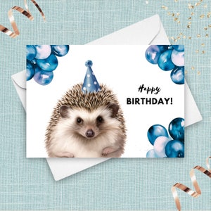 Carte d'anniversaire hérisson, joli portrait de hérisson avec chapeau de fête et ballons, cadeau unique sur la faune, illustration aquarelle bleue colorée