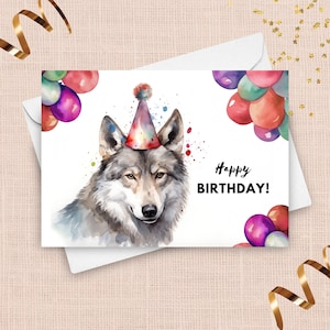 Verjaardagskaart Wolf met portret van grijze wolf en feestballonnen - een unieke aquarelillustratie voor een waanzinnig leuk verjaardagscadeau