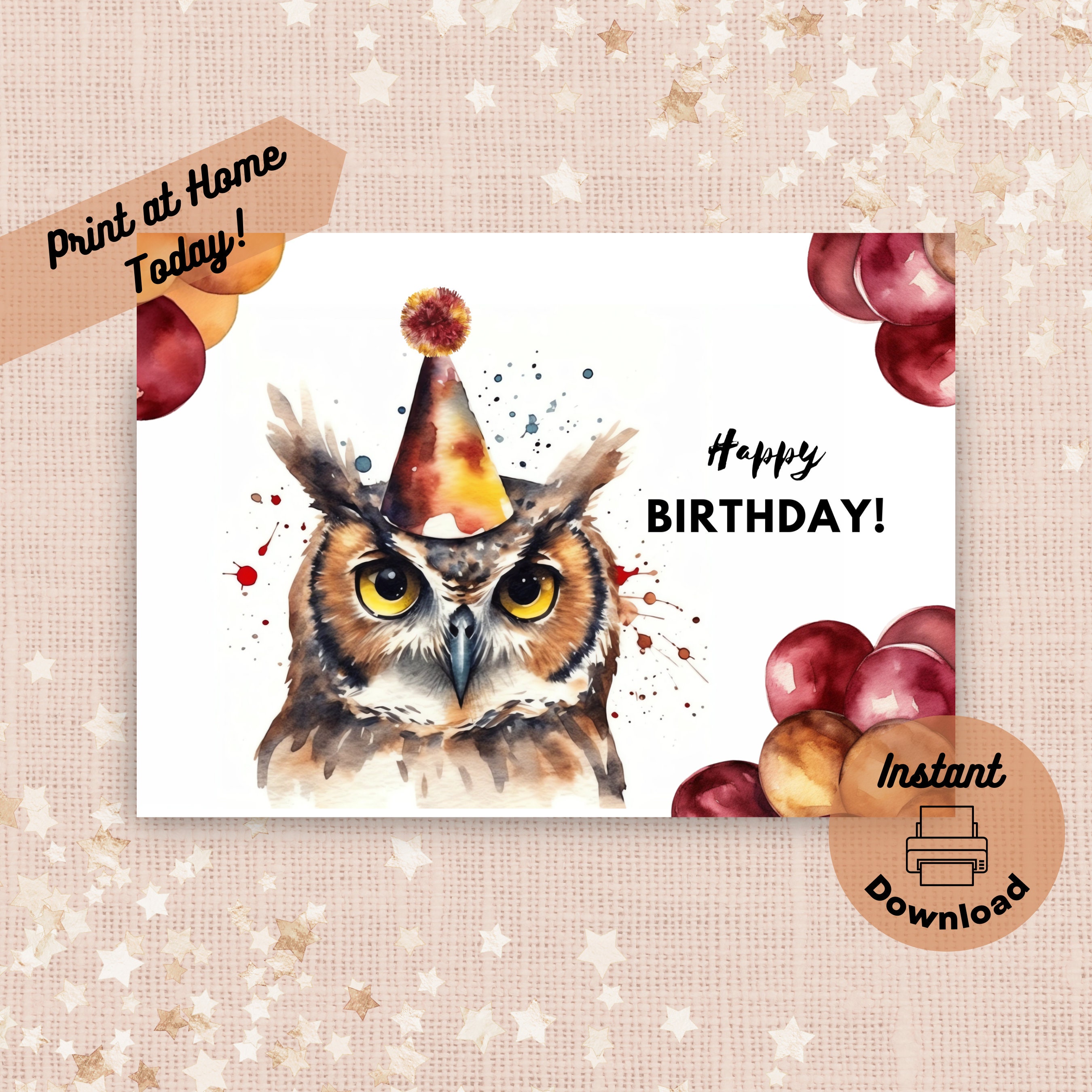 Printable Owl Birthday Card, Instant Digital Download Print at Home Card, Wise Owl with Balloons and