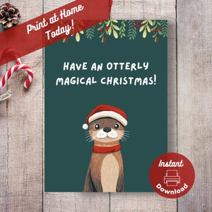 Tarjeta navideña imprimible con divertidos dibujos animados de nutria, descarga digital instantánea para imprimir en casa, saludo navideño con divertidos dibujos animados de nutria adorable