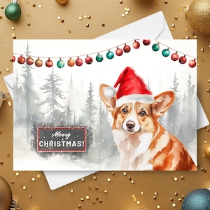 Corgi-kerstkaart, Merry Christmas Corgi in een kerstmuts in een besneeuwde winterse scène, Welsh Corgi Dog vakantiecadeau aquarel illustratie