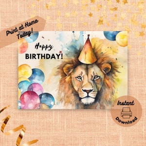 Tarjeta de cumpleaños de león imprimible, descarga digital instantánea, tarjeta para imprimir en casa, regalo de gran felino, cumpleaños de animal de zoológico, ilustración de arte en acuarela