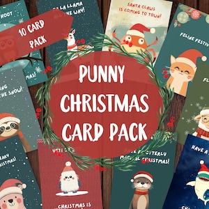 Lustiges Weihnachtskartenpaket, niedliches Punny-Feiertagskartenset, Grußkarten-Multipack, 10-Karten-Variante, süße und festliche lustige Tiere