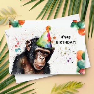 Carte d'anniversaire chimpanzé avec chapeau de fête, joyeux anniversaire, cadeau singe chimpanzé, carte de voeux animal zoo safari, illustration aquarelle