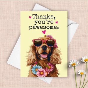 Cocker Spaniel Lustige Dankeskarte, Haustierhund Danke Humorvolles Wortspiel Gruß, Benutzerdefinierter Name personalisiertes Geschenk, glücklicher Hund mit Sonnenbrille vorhanden