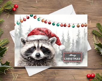 Raccoon Christmas Card, Funny Santa Hat, Merry Christmas Raccoon Gift, Woodland Animal In A Snowy Wintery Scene, Watercolor Art Illustration