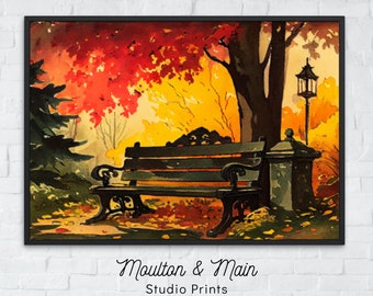 Banc de parc à l'automne entouré de feuilles aux couleurs vives | Téléchargement numérique imprimable | Art mural aquarelle