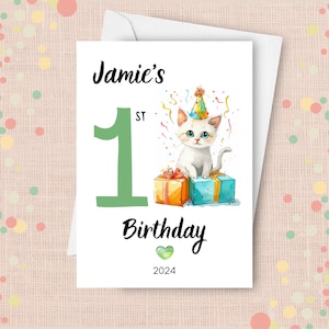 Kätzchen erste Geburtstagskarte, Babys erster Geburtstag 2024, 1. Geburtstagsgeschenk, niedliche weiße Katze personalisierte Geburtstagskarte mit individuellem Namen