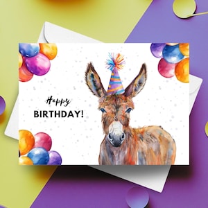 Esel Geburtstagskarte, alles Gute zum Geburtstag Party Esel mit Hut und bunten Luftballons, Bauernhof Geburtstagsgeschenk, Esel Aquarell Illustration