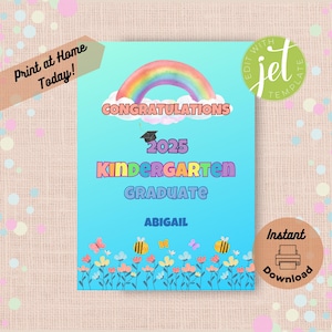 Carte imprimable de remise des diplômes de maternelle, modèle modifiable à imprimer à la maison, carte de félicitations personnalisée avec le nom de l'enfant, des fleurs et des abeilles