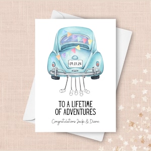 Carte de mariage personnalisée pour voiture vintage, félicitations pour toute une vie d'aventures, voiture rétro vintage, noms de couple personnalisés et date de mariage