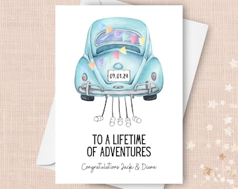 Personalized Vintage Car Wedding Card, To A Lifetime Of Adventures Congratulations, Vintage Retro Car, Custom Couple Names And Wedding Date