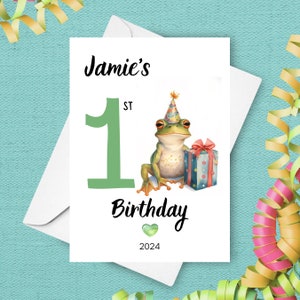Grenouille premier anniversaire carte, cadeau d'un an, mignon bébé grenouille cadeau personnalisé avec nom personnalisé, 1er anniversaire carte aquarelle animal