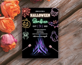 Halloween Bonfire Party Invitation Template, Neon Glow October Halloween Costume Party Invite, Digital Editable Template Instant Download