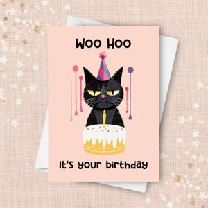 Cartão de aniversário de gato sarcástico, cartão de aniversário de gato preto, cartão de aniversário engraçado, gato de aniversário apático e indiferente, uhu, é seu aniversário