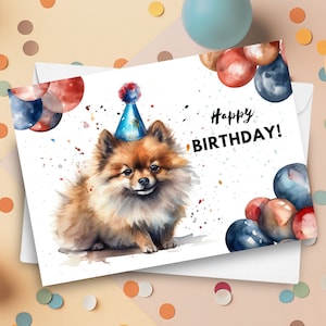Carte d'anniversaire de Poméranie, chapeau et ballons de fête de joyeux anniversaire, portrait de Poméranie, cadeau de chien de compagnie, illustration aquarelle colorée