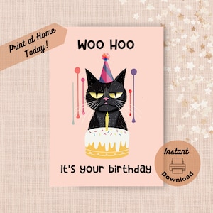 Printable Sarcastic Cat Birthday Card, Instant Download, Print at Home Card, Funny Birthday Card, Unimpressed Apathetic Black Birthday Cat