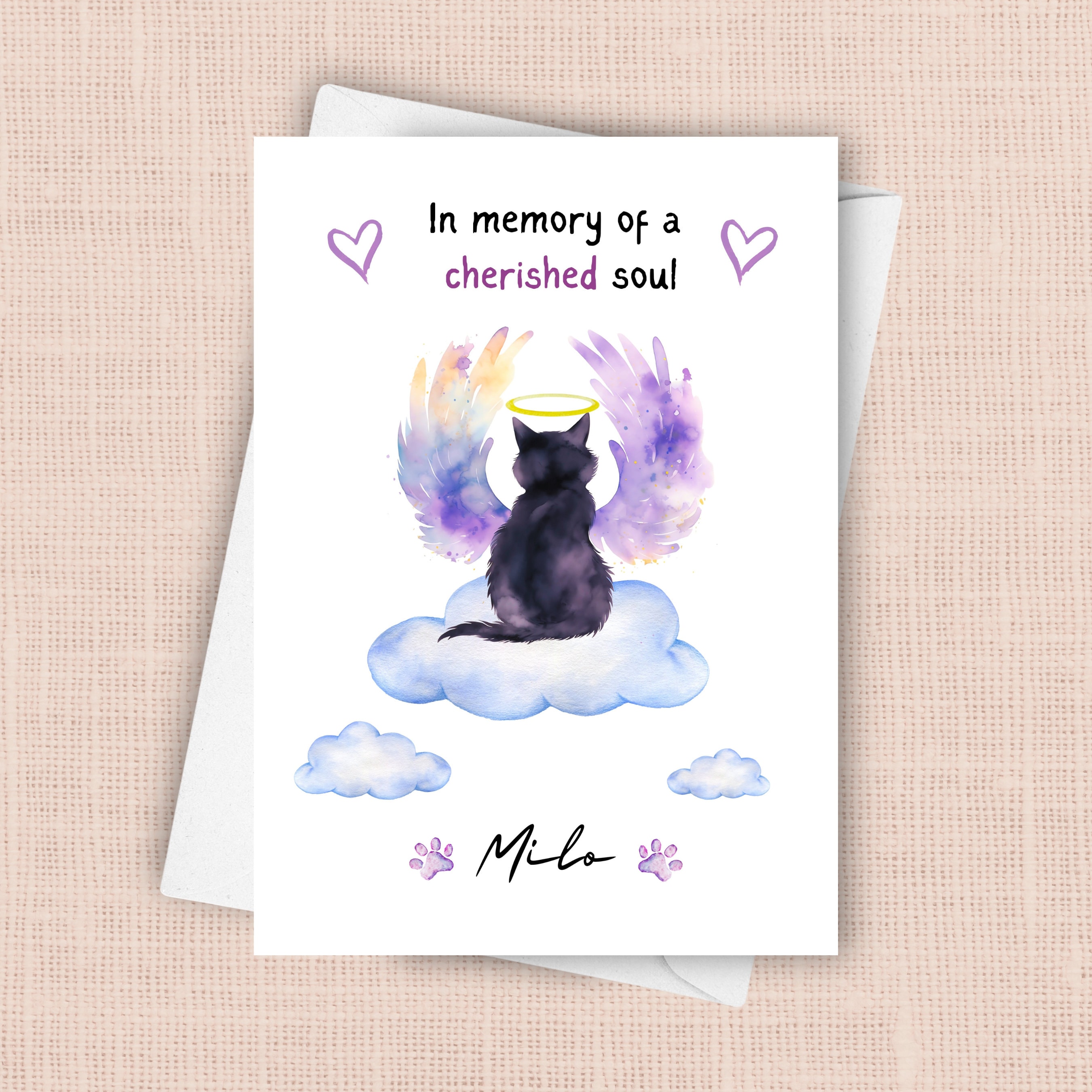 Cat Sympathy Card, Personalized With Name, Loss of Pet Cat, Angel