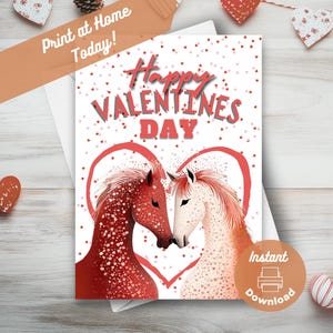 Druckbare Pferde Valentinstag Karte, Sofort Download, Print at Home Karte, Pferde in Liebe, Pferd Geschenk, Valentinstag, Aquarell Illustration