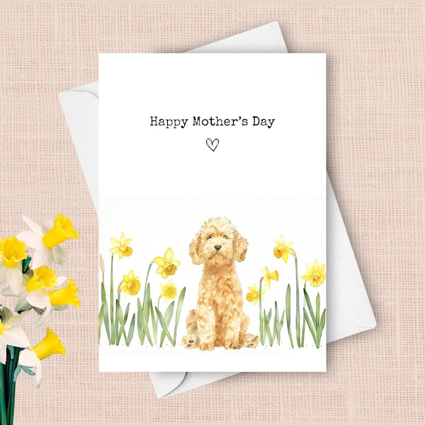 Mother’s Day Card From Golden Doodle, Pet Dog Happy Mothers Day Greeting, Yellow Daffodils Gift For Mom, Spring Flowers Watercolor Present