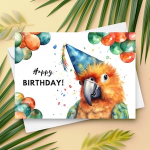 Carte d'anniversaire perroquet, chapeau de fête de joyeux anniversaire, cadeau oiseau ara, carte de voeux sur le thème des animaux de la forêt tropicale, illustration d'art aquarelle perroquet