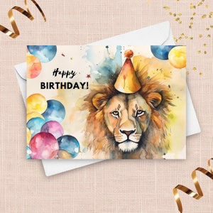 Biglietto di compleanno leone con cappello da festa, buon compleanno, regalo felino, compleanno animale dello zoo, biglietto d’auguri con animale dello zoo, illustrazione ad acquerello