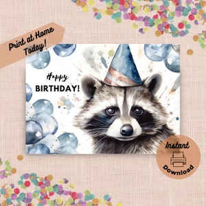 Carte d'anniversaire imprimable en téléchargement numérique, impression à la maison, cadeau raton laveur, voeux de la faune, illustration d'art aquarelle