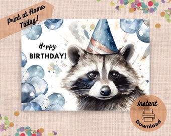 Printable Raccoon Birthday Card, Instant Digital Download Print at Home Card, Raccoon Gift, Wildlife Greeting, Watercolor Art Illustration