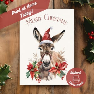 Druckbare Esel Weihnachtskarte, sofortiger digitaler Download Druck zu Hause, niedliches entzückendes Esel Weihnachtsgeschenk, Aquarell Kunst Illustration