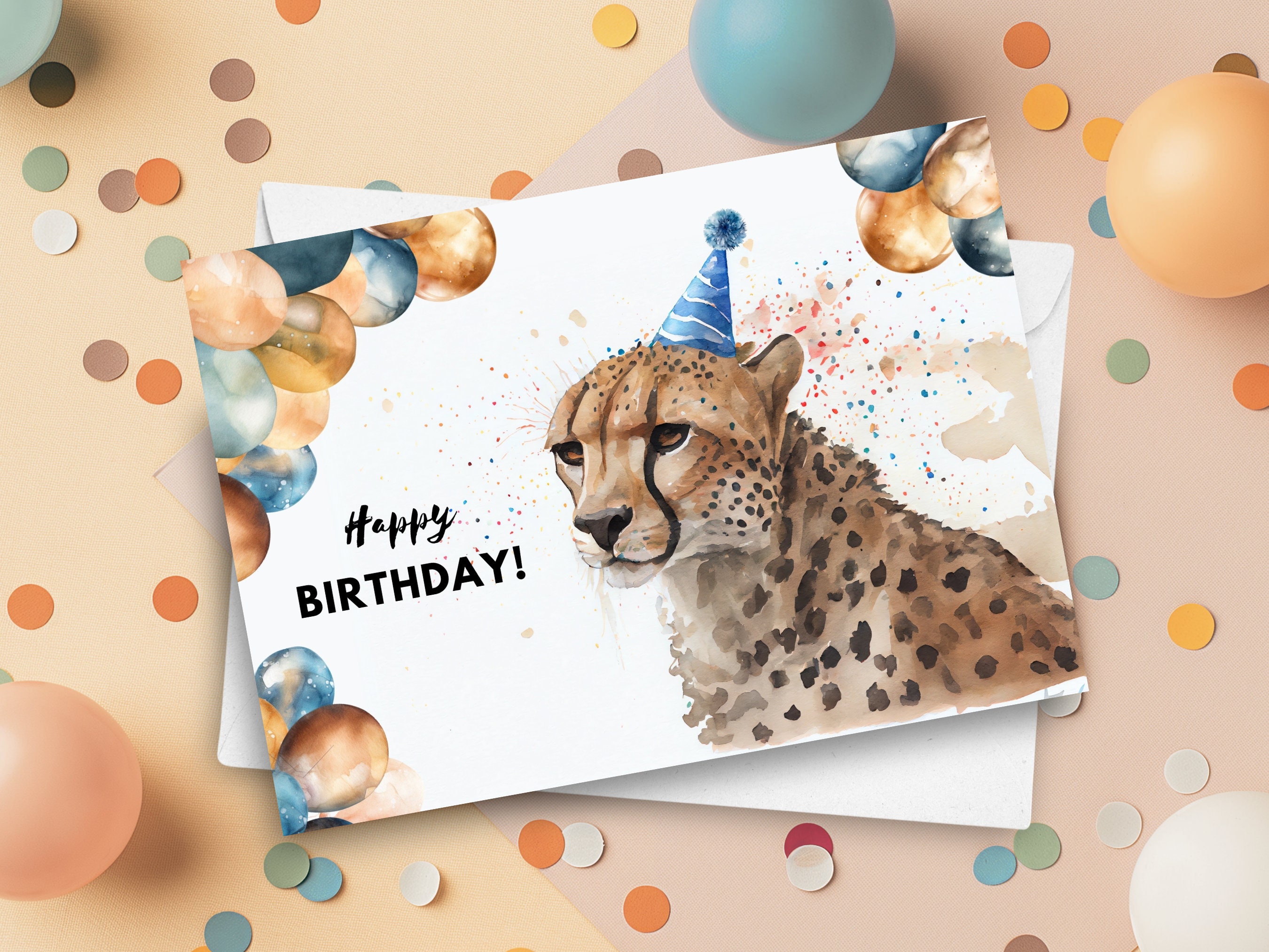 Cheetah Birthday Card With Party Hat, Happy Birthday, Big