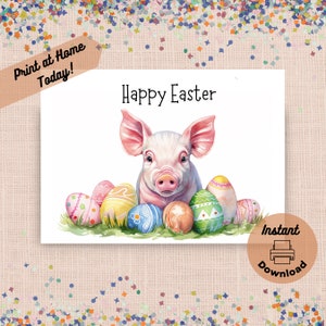 Carte de Pâques imprimable cochon, téléchargement immédiat, impression à la maison, voeux d'oeufs de Pâques mignons porcelets, cadeau panier de Pâques aquarelle bébé animal de la ferme