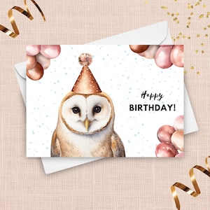 Carte d'anniversaire effraie des cloches, joyeux anniversaire chapeau et ballons, cadeau chouette blanche, carte d'anniversaire animal nature des bois, illustration aquarelle