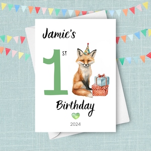 Cartão de primeiro aniversário de raposa, presente de um ano, presente personalizado de raposa vermelha para bebê fofo com nome personalizado, cartão de animal aquarela de primeiro aniversário