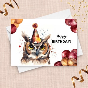 Carte d'anniversaire hibou - hibou sage avec des ballons et un chapeau de fête, cadeau oiseau de proie, cadeau animal de la nature des bois, illustration aquarelle de hibou des cornes