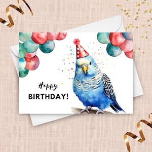 Cartão de aniversário de periquito, chapéu de festa e balões, presente de periquito azul, cartão de saudação de pássaro de estimação, ilustração de arte em aquarela de periquito periquito