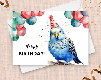 Parakeet Birthday Card, Party Hat And Balloons, Blue Budgie Gift, Pet Bird Greeting Card, Budgerigar Parakeet Watercolor Art Illustration