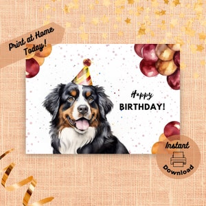 Berner Sennenhund Geburtstagskarte, sofortiger Download, Print at Home Karte, Berner Sennenhund Geschenke, Aquarell-Illustration