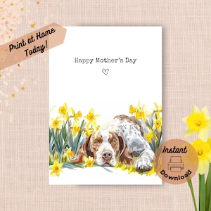 Afdrukbare aanwijzer Moederdagkaart, Instant Download Print thuis gele narcissen cadeau voor moeder, Engelse lentebloemen aquarel aanwezig