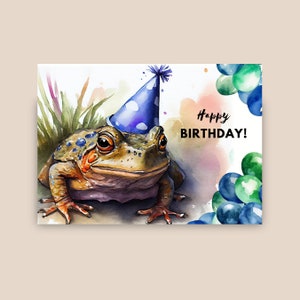 Carte d'anniversaire crapaud, chapeau de fête, joyeux anniversaire, cadeau crapaud, anniversaire d'un animal, carte de voeux de zoo, illustration aquarelle