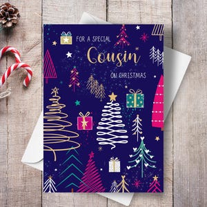 Cartão de Natal para primos, Para um primo especial no Natal, Ilustrações minimalistas de árvores de Natal e presentes, Saudação de Natal para primos